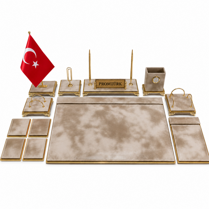 Bulut Krem Deri Gold Çerçeveli Zarf Açacaklı Kişiye Özel İsimlikli Lüks Sümen ve Makam Takımı